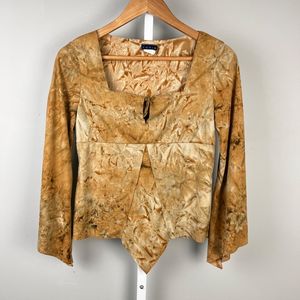 Topia Faux Suede Boho Top Womens L Brown 90s Vintage Y2K Peasant Fairy Grunge